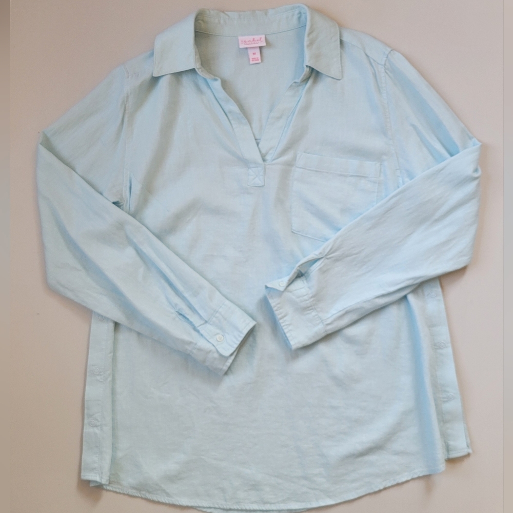 NWOT Isabel Maternity Blue Linen Nursing Top With Side Snaps Size Medium